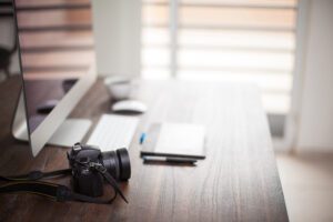 Photographer's workspace with bokeh